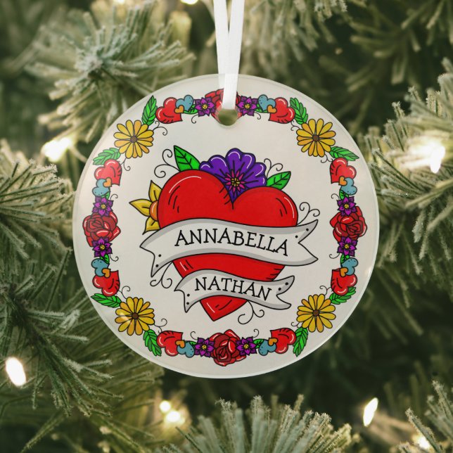 Romantic Couple's Gift | Tattoo Style Art   Glass Ornament (Insitu)