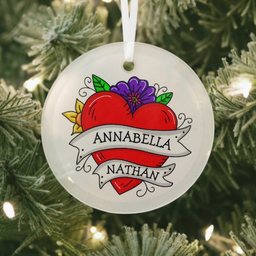 Romantic Couple's Gift | Tattoo Style Art  Glass Ornament