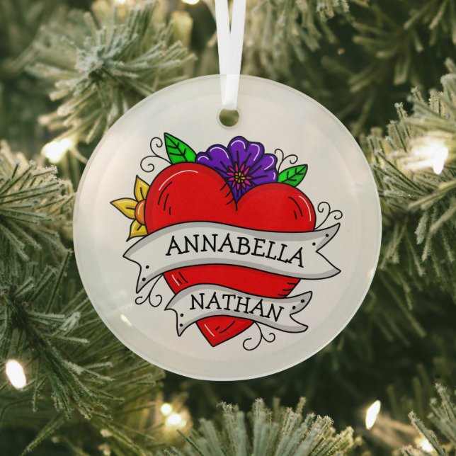 Romantic Couple's Gift | Tattoo Style Art  Glass Ornament (Insitu)