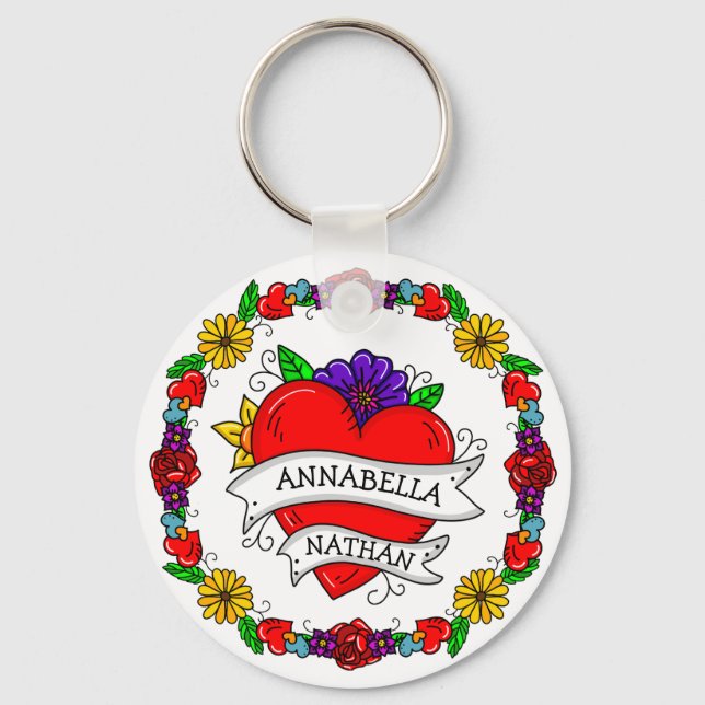 Romantic Couple's Gift | Tattoo Style Art     Keychain (Front)