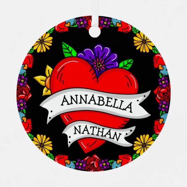 Romantic Couple's Gift | Tattoo Style Art   Metal Ornament (Front)