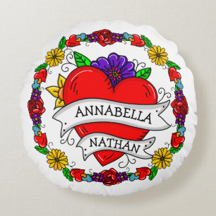 Romantic Couple's Gift Tattoo Style Art Round Pillow