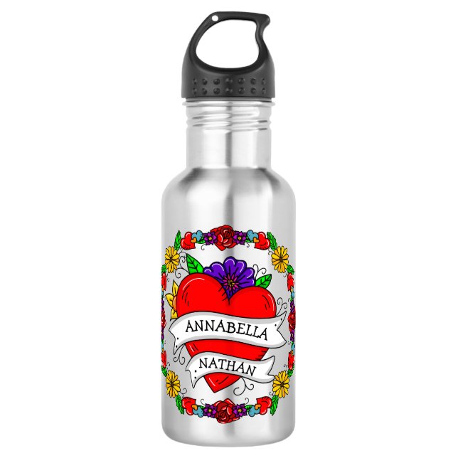 Romantic Couple's Gift | Tattoo Style Art  Stainless Steel Water Bottle (Front)