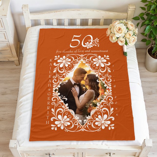 Romantic Couples Photo Burnt Orange 50 Anniversary Fleece Blanket (Creator Uploaded)