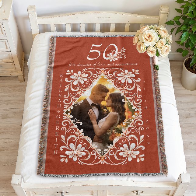 Romantic Couples Photo Red Rust 50 Anniversary Throw Blanket (Creator Uploaded)