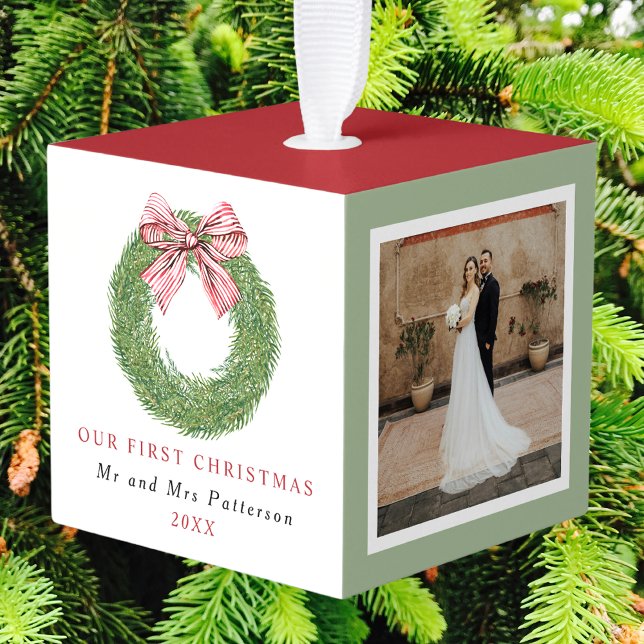 Romantic Couples Timeline Three Photo Christmas Cube Ornament (Creator Uploaded)
