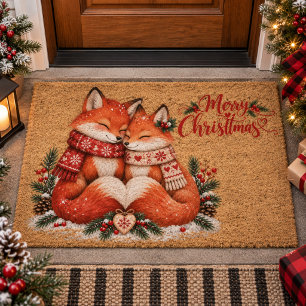 Romantic Cozy Fox Couple Scandinavian Christmas Fiber Doormat
