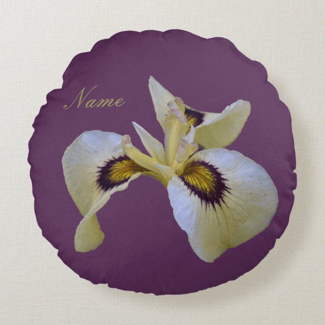 Romantic Cream and Purple Siberian Iris on Purple Round Pillow (Front)