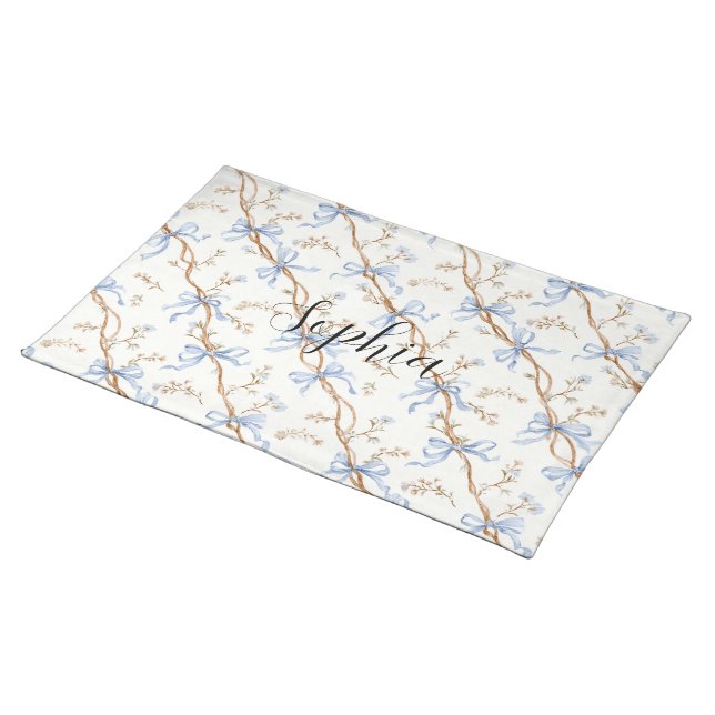 Romantic Cream Blue Bows Cloth Placemat (On Table)