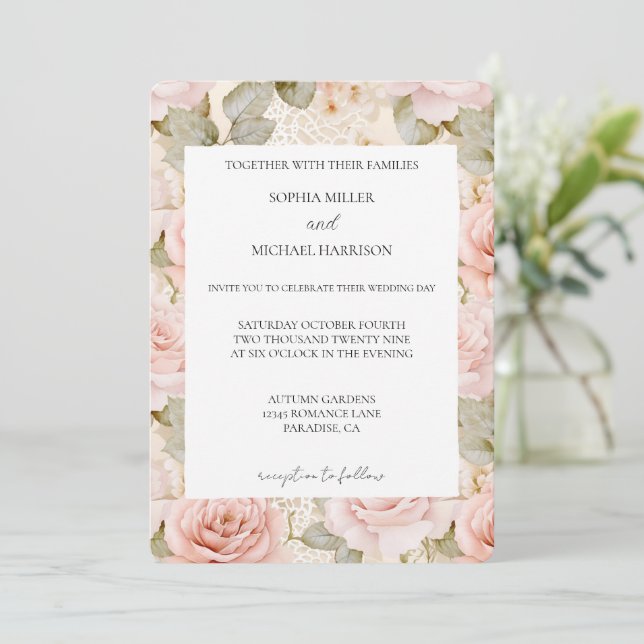 Romantic Cream Blush Pink Rose Floral Wedding Invitation (Standing Front)