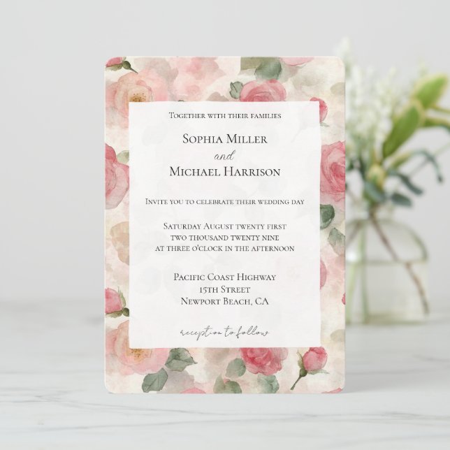 Romantic Cream Blush Pink Roses Floral Wedding Invitation (Standing Front)