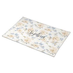 Romantic Cream Floral Blue Leaves Cloth Placemat