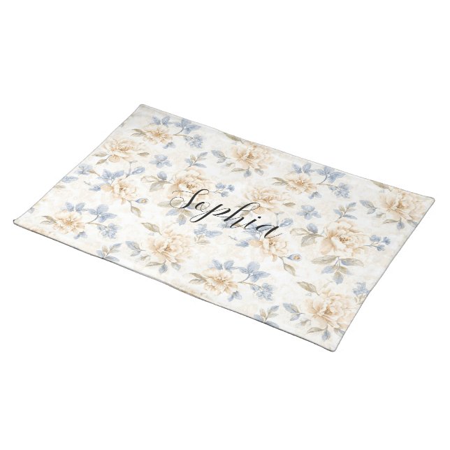 Romantic Cream Floral Blue Leaves Cloth Placemat (On Table)