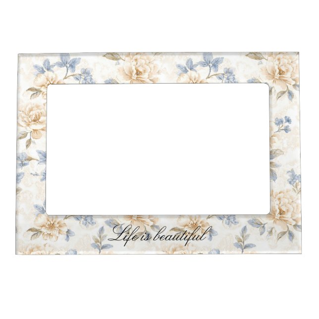 Romantic Cream Floral Blue Leaves Magnetic Frame (Front)