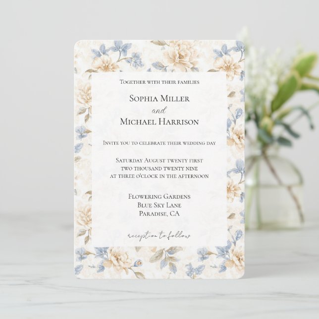 Romantic Cream Floral Blue Leaves Wedding Invitation (Standing Front)