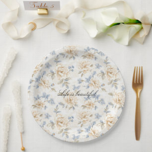 Romantic Cream Floral Blue Leaves Wedding Paper Plates