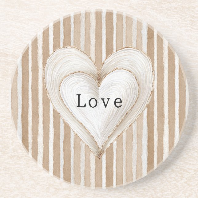Romantic Cream Heart Brown Stripes Love Coaster (Front)