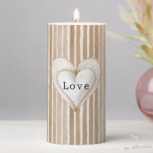 Romantic Cream Heart Brown Stripes Love Pillar Candle