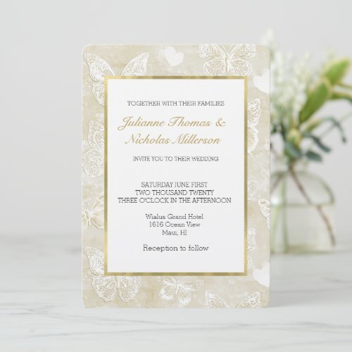 Romantic Cream Ivory Butterflies Hearts Wedding
