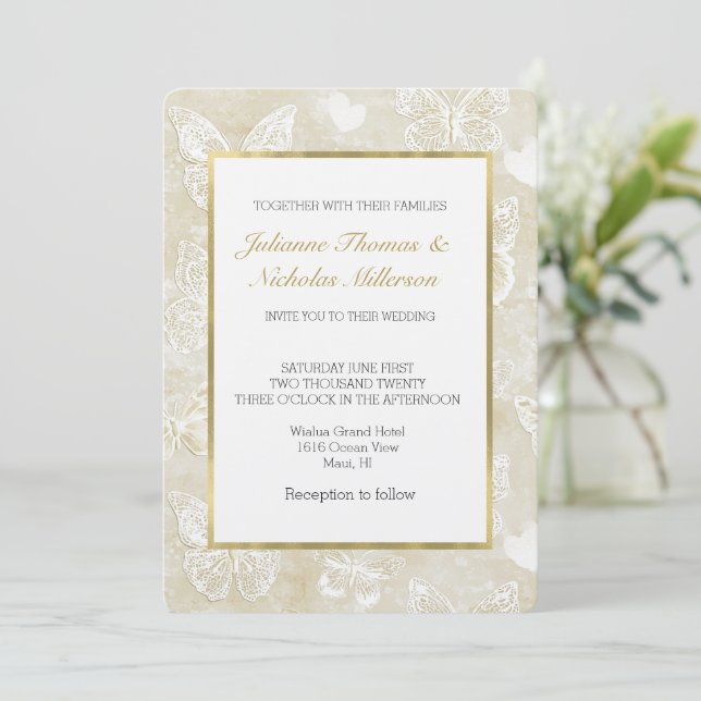 Romantic Cream Ivory Butterflies Hearts Wedding Invitation (Standing Front)