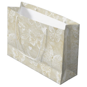 Romantic Cream Ivory Butterflies Hearts Wedding Large Gift Bag