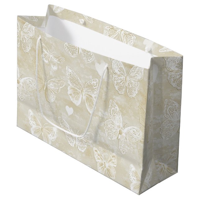Romantic Cream Ivory Butterflies Hearts Wedding  Large Gift Bag (Front Angled)