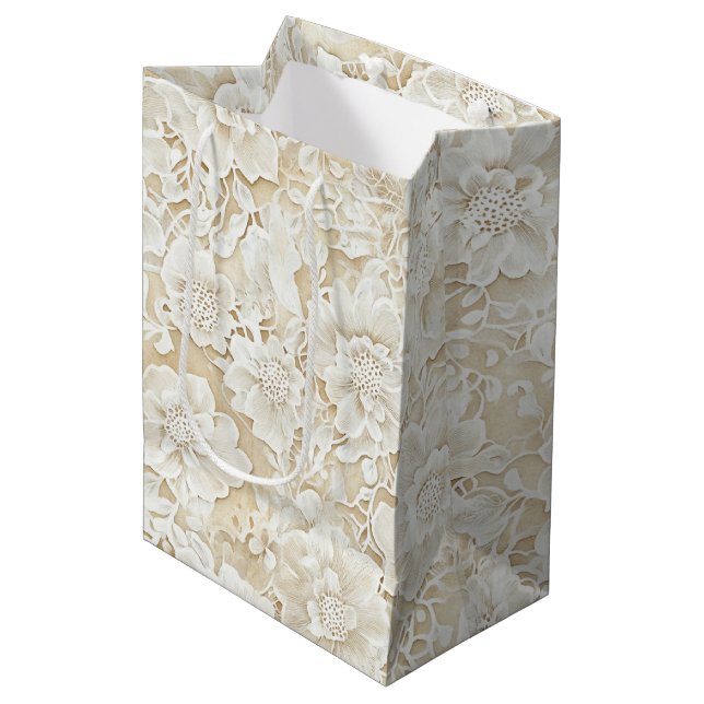 Romantic Cream Ivory Floral Wedding  Medium Gift Bag (Front Angled)