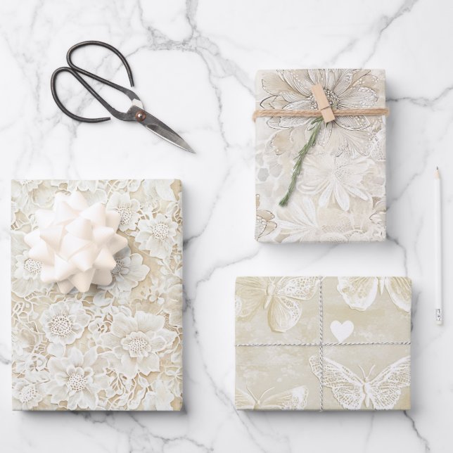 Romantic Cream Ivory Floral Wedding  Wrapping Paper Sheets (Front)