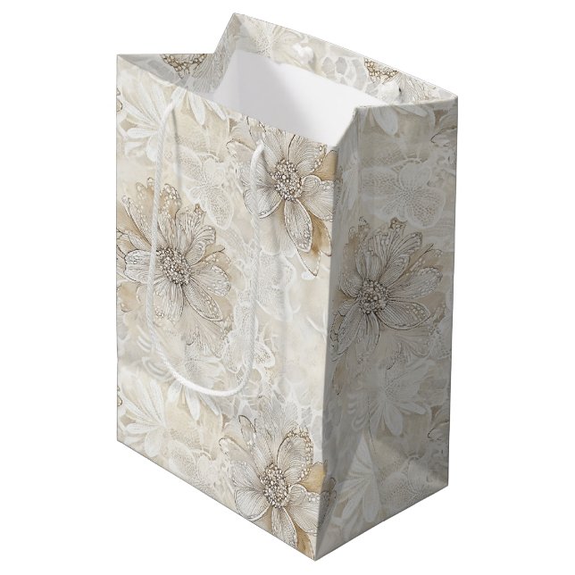 Romantic Cream Lace Rose Floral Wedding Medium Gift Bag (Front Angled)