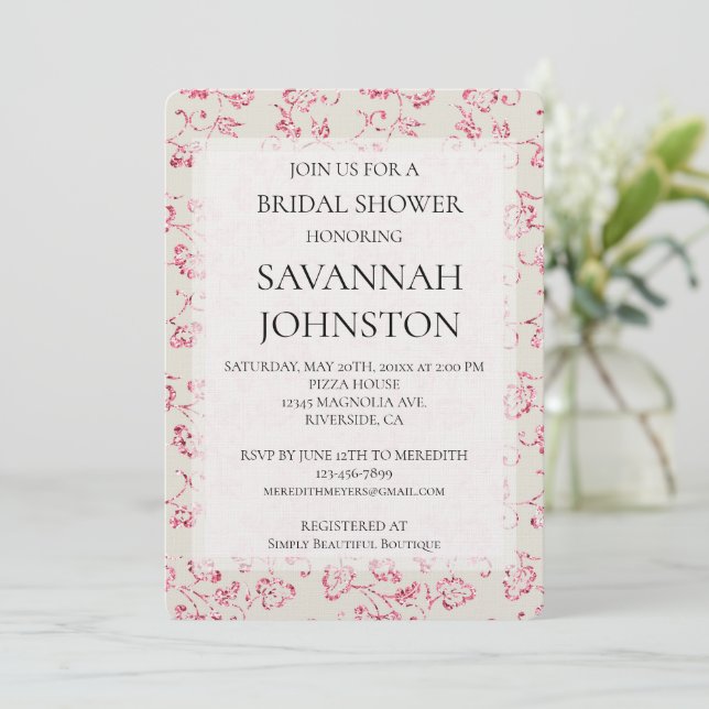 Romantic Cream Pink Glitter Floral Bridal shower Invitation (Standing Front)