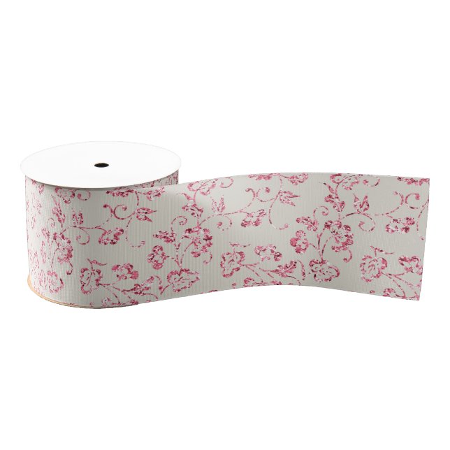 Romantic Cream Pink Glitter Floral Wedding Grosgrain Ribbon (Spool)