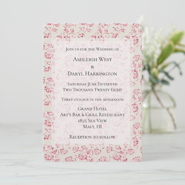  Romantic Cream Pink Glitter Floral Wedding Invitation (Standing Front)