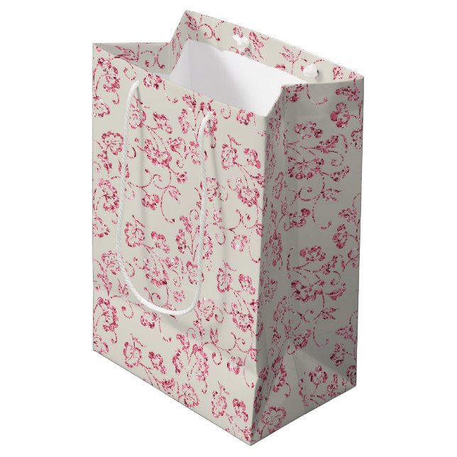 Romantic Cream Pink Glitter Floral Wedding Medium Gift Bag (Front Angled)
