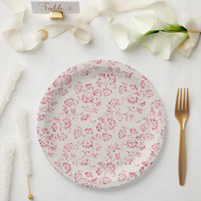 Romantic Cream Pink Glitter Floral Wedding Paper Plates (Wedding)