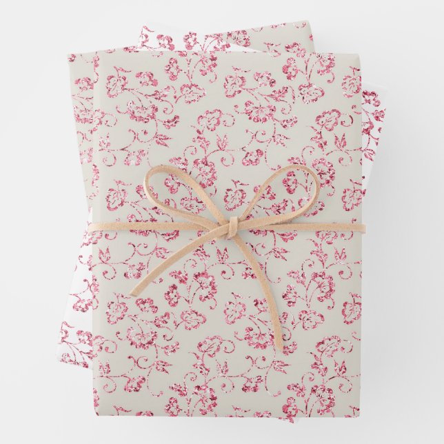 Romantic Cream Pink Glitter Floral Wedding Wrapping Paper Sheets (In situ)