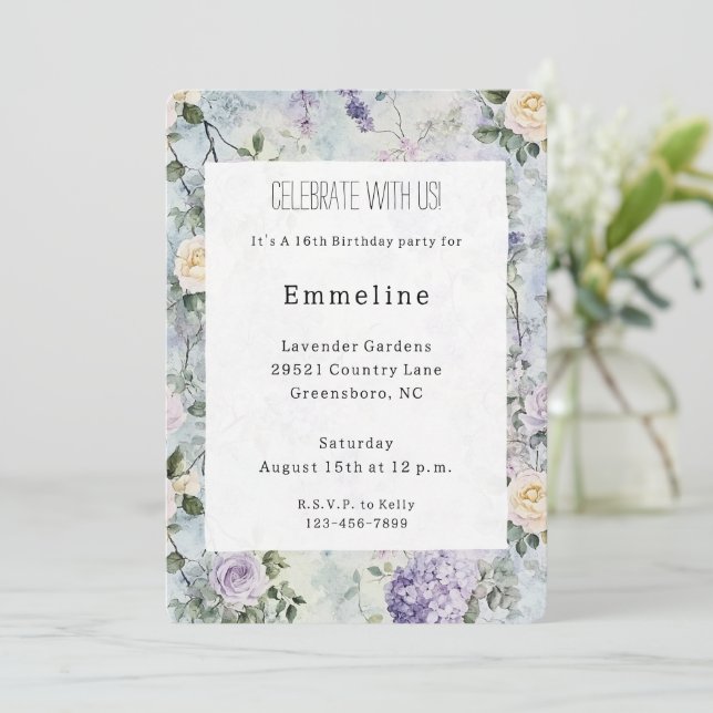 Romantic Cream purple flowers Birthday Invitation (Standing Front)