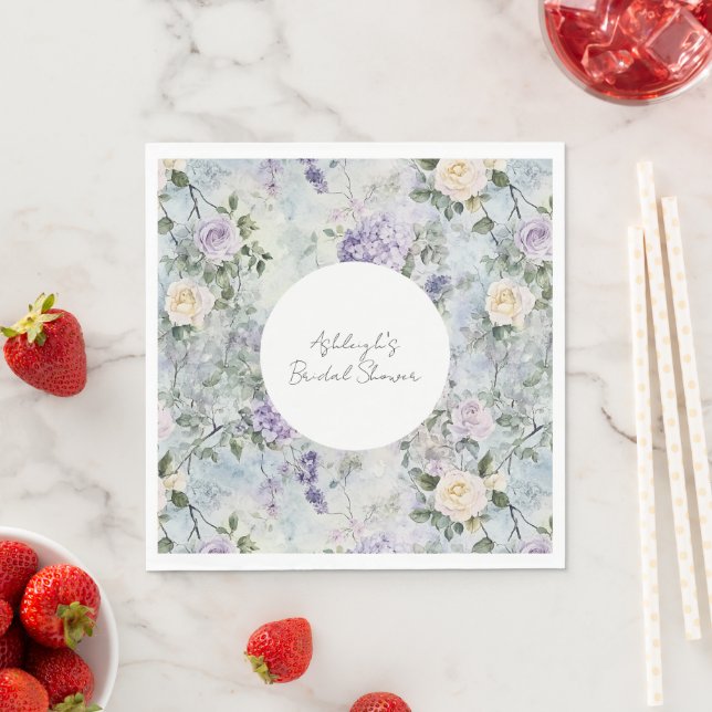 Romantic Cream purple flowers Bridal Shower Napkins (Insitu)