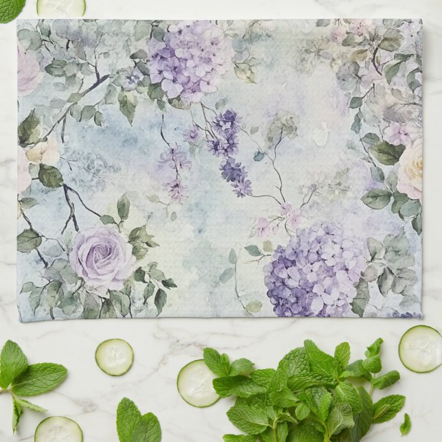 Romantic Cream purple flowers   Kitchen Towel (Folded)