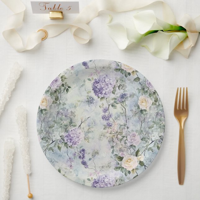 Romantic Cream Purple Flowers Wedding Paper Plates (Wedding)