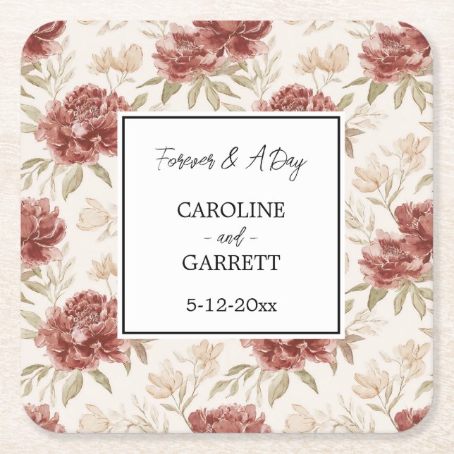 Romantic Cream Red Floral Wedding Square Paper Coaster (Front)