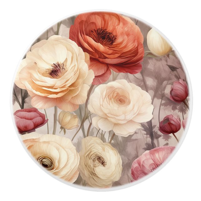 Romantic Cream Red Flowers Ceramic Knob (Front)