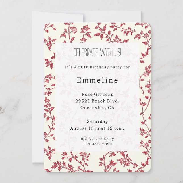 Romantic Cream Red Leaves Birthday Invitation (Front)