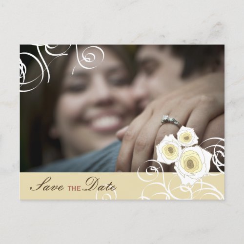 Romantic Cream Roses  Swirls Photo Save The Date Announcement Postcard