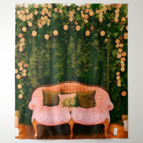 Romantic Cream Sofa Flowers  Green Foliage Tapestry