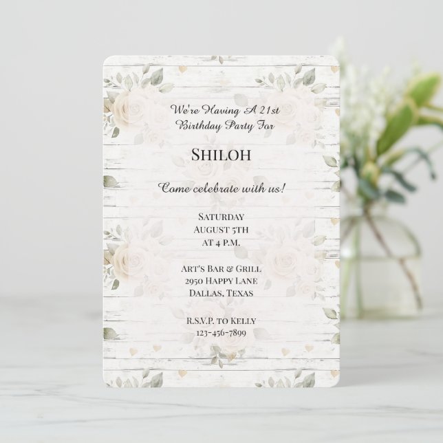 Romantic Cream White Floral Boho Birthday Invitation (Standing Front)