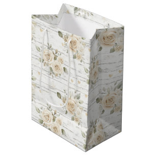 Romantic Cream White Floral Boho Bridal Shower  Medium Gift Bag