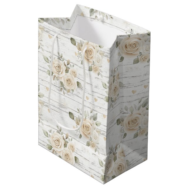 Romantic Cream White Floral Boho Bridal Shower  Medium Gift Bag (Front Angled)
