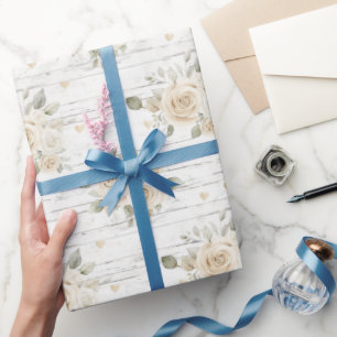 Romantic Cream White Floral Boho Bridal Shower  Wrapping Paper