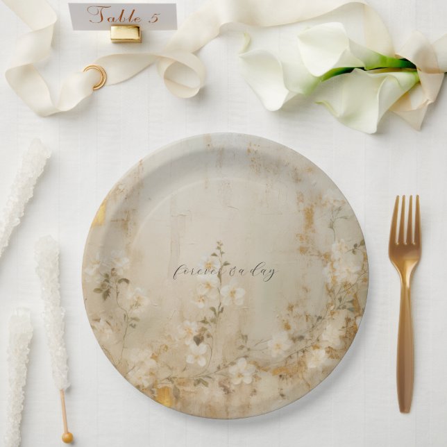 Romantic Cream White Gold Floral Wedding Paper Plates (Wedding)