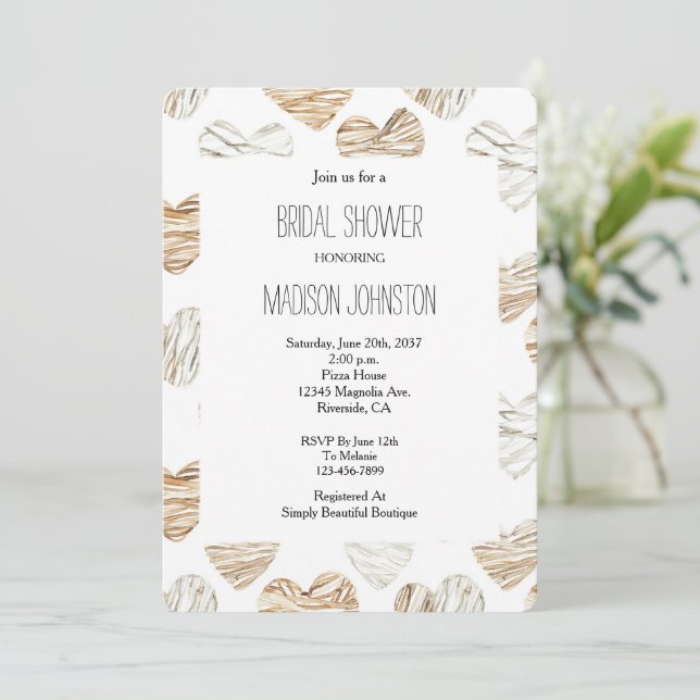 Romantic Cream White Hearts Bridal Shower Invitation (Standing Front)